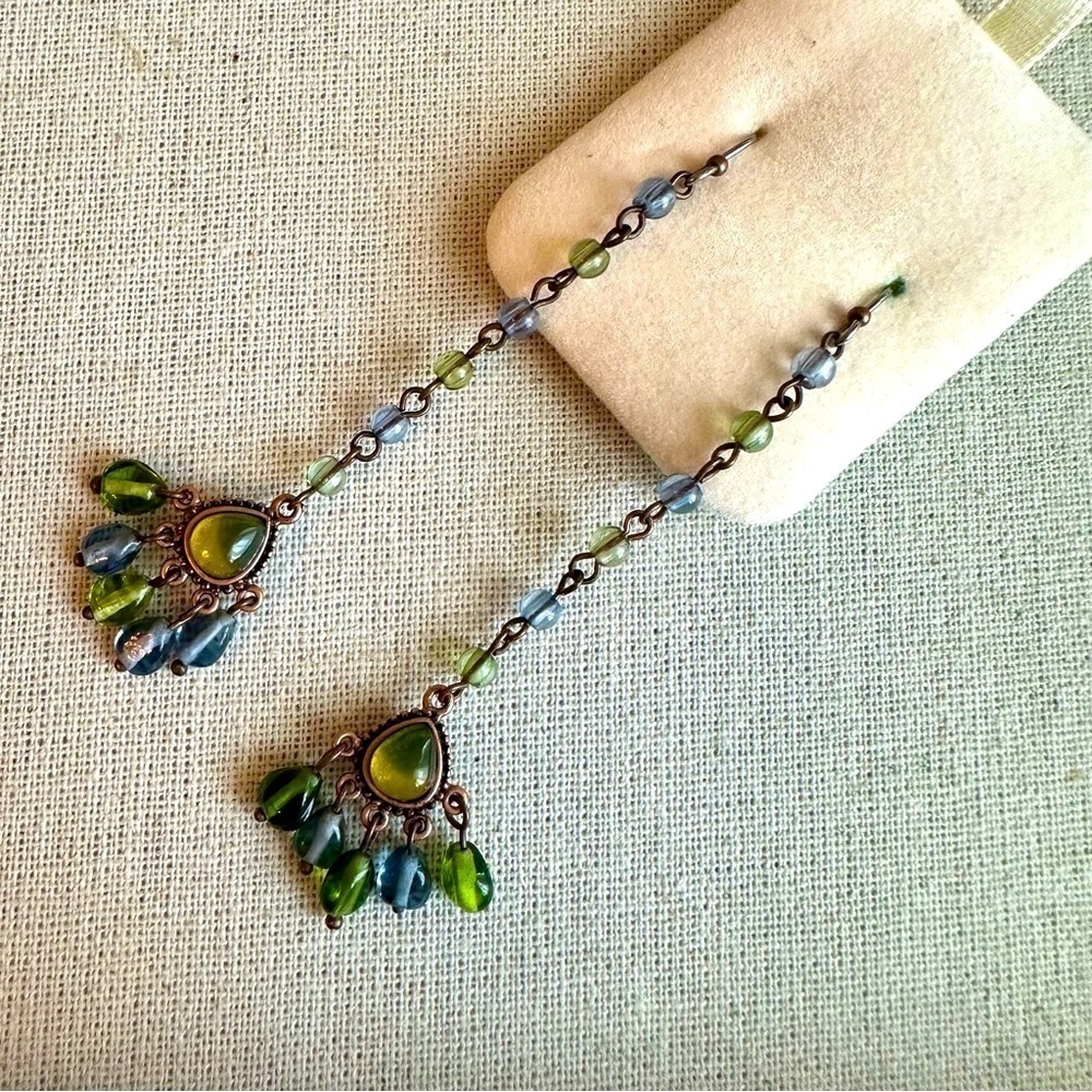 Boho Gemstone Beaded Pendant Dangling Fashion Earrings - Green multi